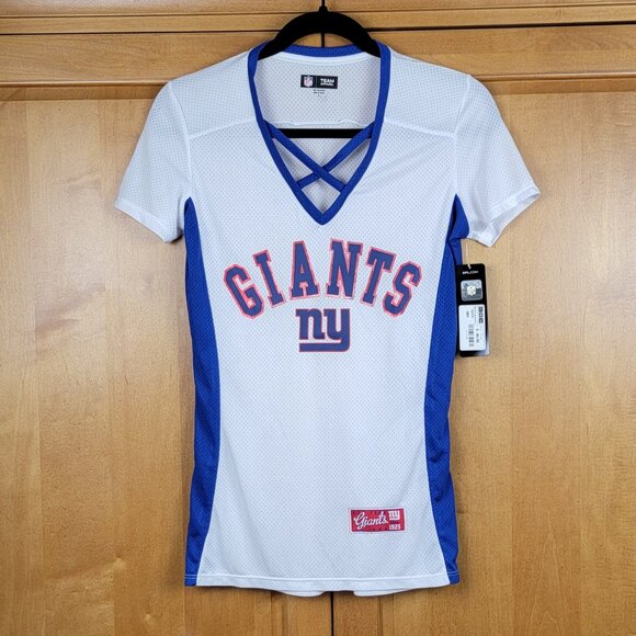 Team Apparel Tops - NWT Women's White Blue Criss-Cross NY Giants Football Mesh Tee - S